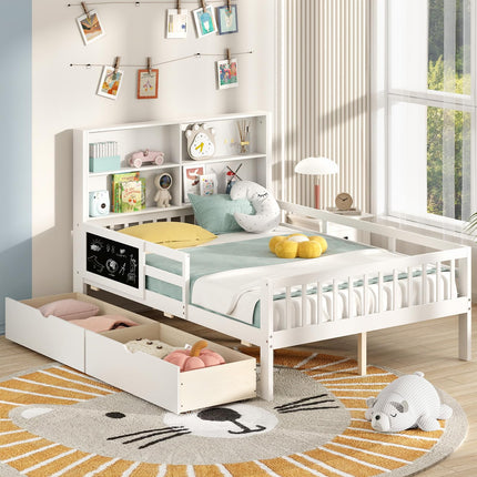 Dreamade Full/Twin Size 2 Storage Drawers, Solid Wood Kids Bed Frame w/Bookcase Headboard & Blackboard