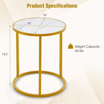 Dreamade Faux Marble Side Table, Round End Table with Golden Metal Frame and White Marble Top
