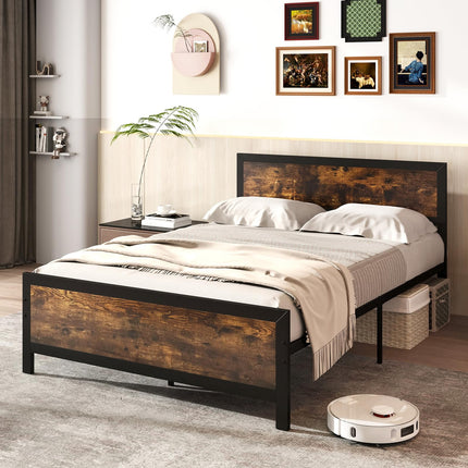 Dreamade Metal Full Size Platform Bed Frame with Wood Headboard and Footboard