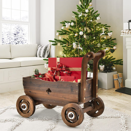 Dreamade Wooden Wagon Planter Raised Bed on Wheels, Handle, Drainage Hole