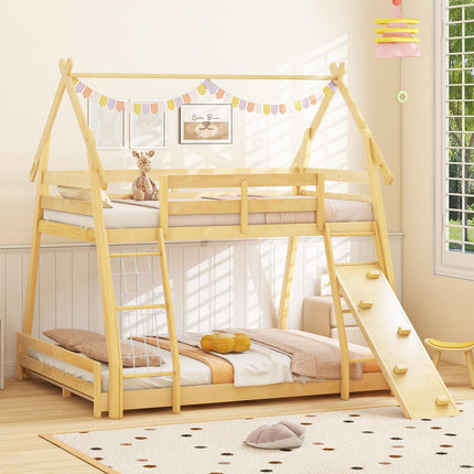 Dreamade Twin Over Queen Bunk Bed, Wood House Bunk Bed for Kids with Climbing Nets and Ramp