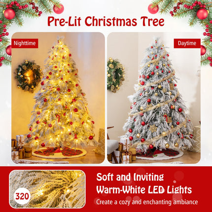 Dreamade 7ft Pre-Lit Snow Flocked Christmas Tree, Artificial Hinged Full Xmas Tree with 743 PVC & Pine Needles