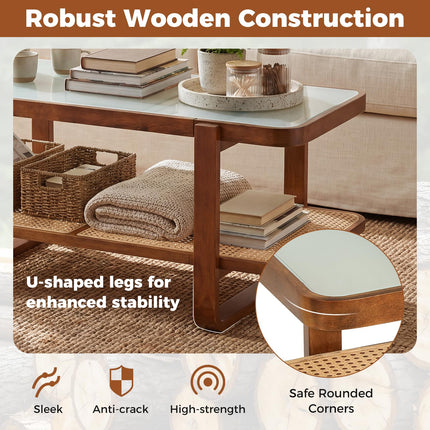 Dreamade Rattan Coffee Table | 41.5" Farmhouse Center Table with Storage & Frosted Tempered Glass
