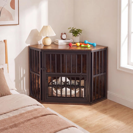 Dreamade Corner Dog Crate Furniture with Adjustable & Reversible Elevated Feeder