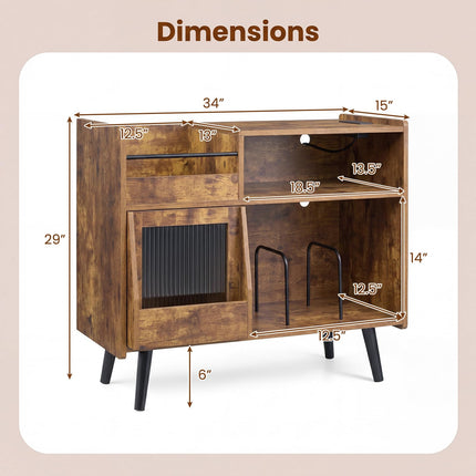 Dreamade Large Record Player Stand with LED Light& Sliding Door