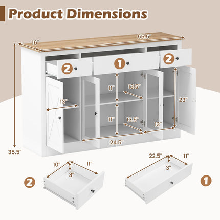 Dreamade 55" Large Buffet Sideboard with 3 Drawers & 2 See-Through Doors