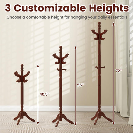 Dreamade Solid Wood Coat Rack Freestanding Hall Tree with 3 Adjustable Heights and 11 Hooks