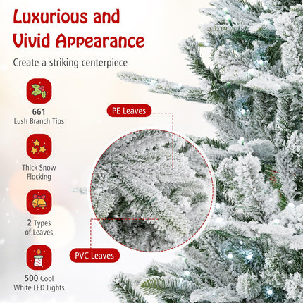 Dreamade 6/7/8 ft Pre-Lit Snow Flocked Christmas Tree, Artificial Hinged Xmas Tree with 661/1119/1447 PVC & PE Tips