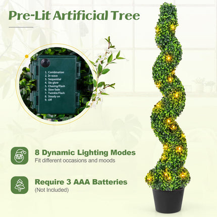 Dreamade 4FT Pre-Lit Artificial Spiral Boxwood Topiary Tree w/ 100 LED Lights, Nursery Pot, Indoor Outdoor Home Front Porch Holiday Decoration