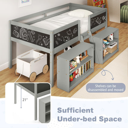 Dreamade Low Loft Bed Twin Size, Wooden Loft Bed with Ladder & Blackboard