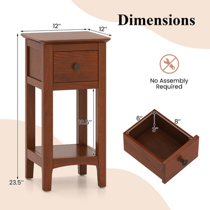 Dreamade Narrow End Table with Drawer 23.5" H Side Table w/Open Storage Shelf & Solid Wood Frame