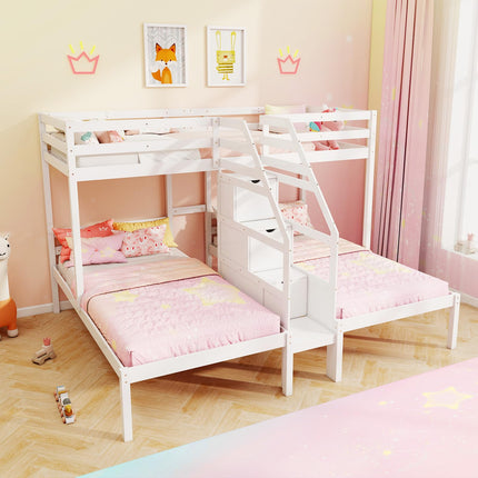 Dreamade Twin Over Twin & Twin Bunk Bed, Triple Bunk Beds with 4-Step Storage Stair, Wooden 3 Bunk Beds for Kids Teens