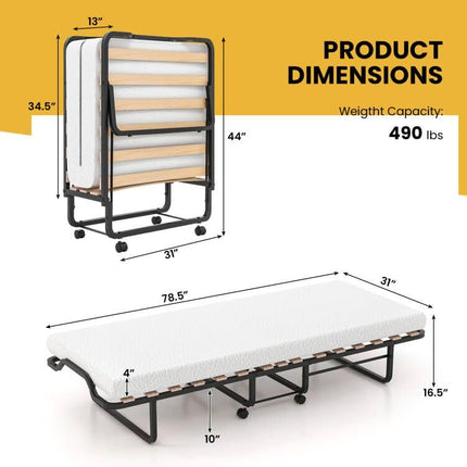 Dreamade Folding Bed with 4 Inch Mattress for Adults, Cot Size Rollaway Bed for Guest, 75"x 31"