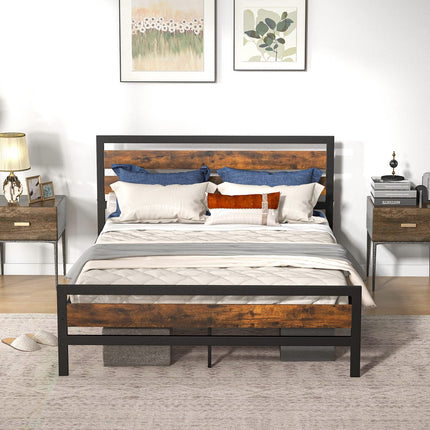 Dreamade Queen Metal Platform Bed Frame with Wooden Headboard & Footboard, Rustic Brown