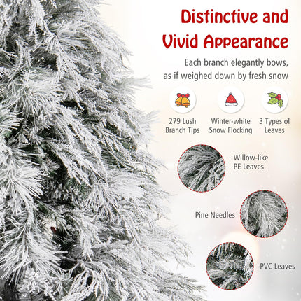 Dreamade 4.5ft Pre-Lit Snow Flocked Christmas Tree, Artificial Hinged Full Xmas Tree with 279 PVC & Pine Needles