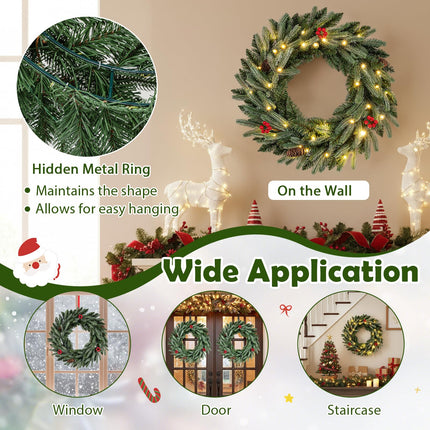 24” Pre-lit Christmas Wreath Front Door Artificial Xmas Wreath with 90 Frosted Branch Tips