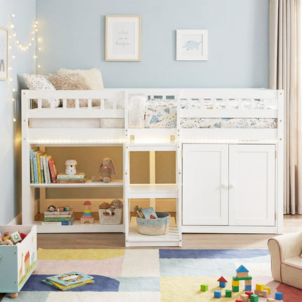 Dreamade Low Loft Bed Twin Size with LED Lights, Wooden Bed Frame
