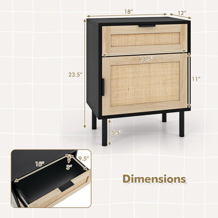 Dreamade Rattan Nightstand Set of 2, Mid Century Modern End Table with Drawer & Cabinet, Sofa Side Table with Sturdy Metal Legs