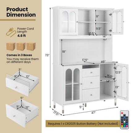 Dreamade 73" Kitchen Pantry Cabinet, Kitchen Hutch Storage Cabinet with LED Lights and Charging Station