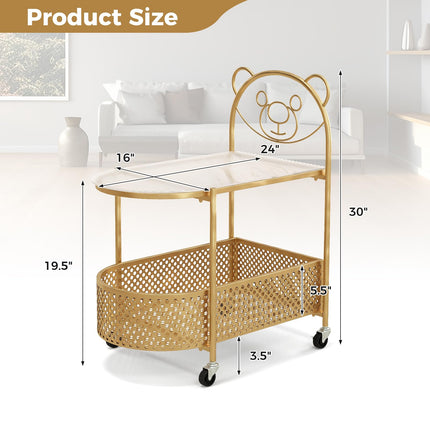 Dreamade Mobile Glass Coffee Table, 2-Tier Modern Cocktail Table with Bear Pattern, Storage Basket & Metal Frame