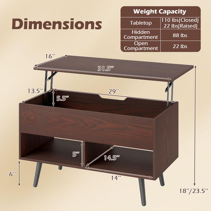 Dreamade Lift Top Coffee Table Modern Cocktail Table w/Hidden Compartment & 2 Open Shelves