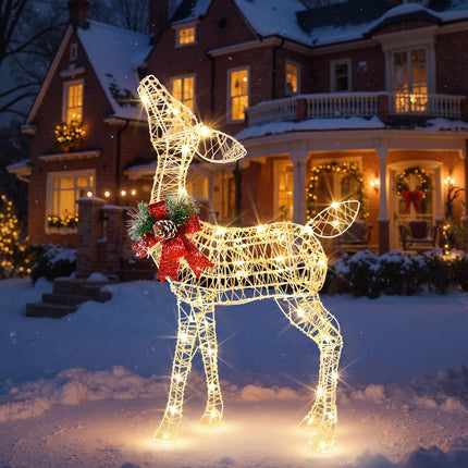 Dreamade Christmas Pre-Lit Reindeer, Lighted Baby Deer w/ 50 Warm White LED Lights & Red Bow