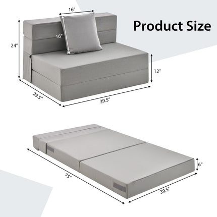 Dreamade 6 Inch Folding Sofa Bed Couch with Pillow, Tri-fold Mattress with High-Density Foam, Dark Grey