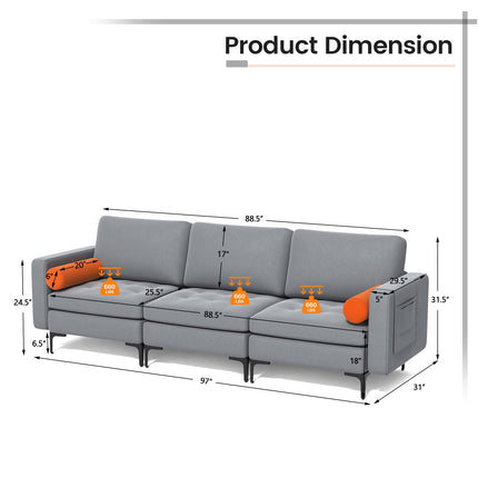 Dreamade 97" Sectional Sofa Couch, 3-Seater Modular Sleeper with USB Ports