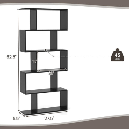 Dreamade 5-Tier Geometric Bookshelf, 62.5" Tall Wood S-Shaped Bookcase with Anti-Tipping Device