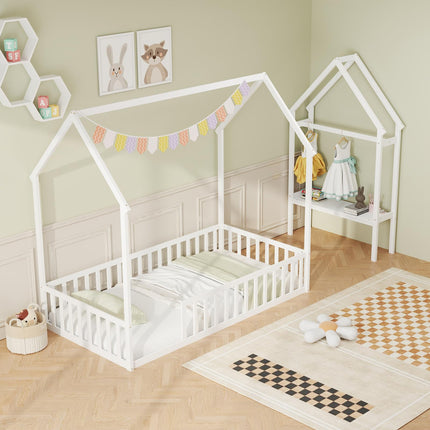 Dreamade Twin House Floor Bed, Solid Wood Montessori Floor Bed with Detachable Storage Shelf & Clothes Hanger