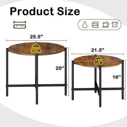 Dreamade Round Coffee Table Set of 2, Nesting Tables with Metal Frame, Imitated Wood Grain Top
