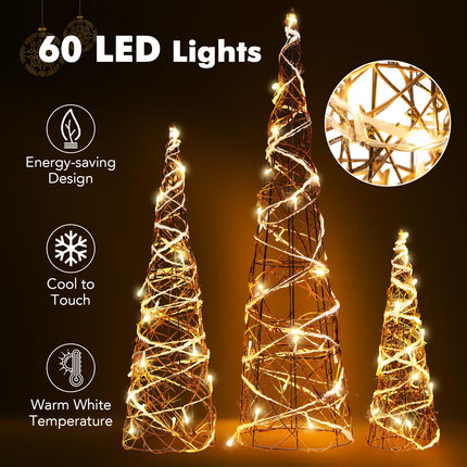 Dreamade Set of 3 Large Christmas Cone Trees, 32” 24” 16” Indoor Christmas Trees w/Warm White LED Lights