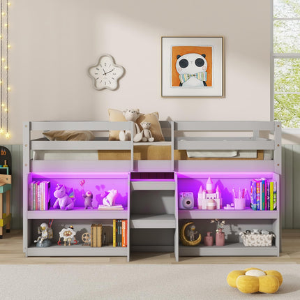 Dreamade Low Loft Bed with LED Lights, Wooden Twin Loft Bed with Stairs & Safety Guardrail