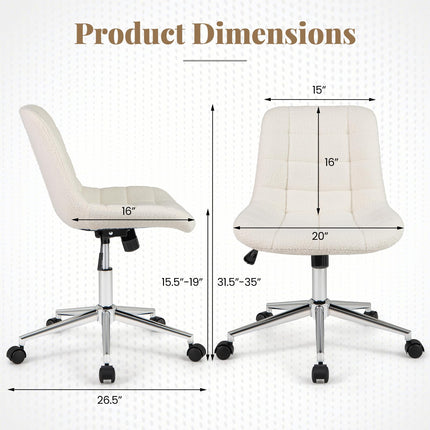 Dreamade Armless Office Chair, Modern Faux Fur White Vanity Chair with Wheels & Adjustable Height