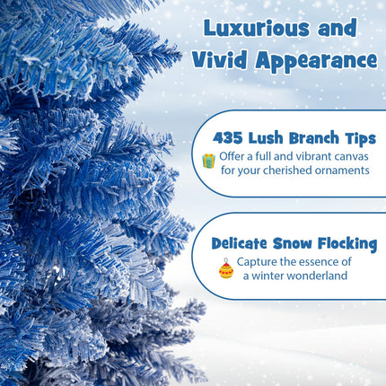 Dreamade 6 FT Blue Gradient Snow Flocked Christmas Tree, Artificial Unlit Hinged Xmas Full Tree with 435 Lush Branch Tips