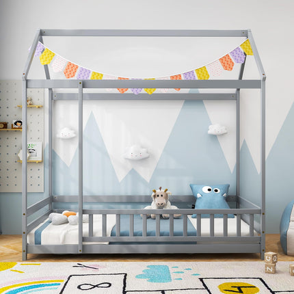 Dreamade Twin Floor Bed with Fence, Wood Montessori Bed with Safety Guardrails and 80.5" High Roof Design