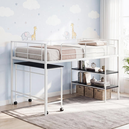 Dreamade Low Loft Twin Size Bed with Desk & Bookshelf