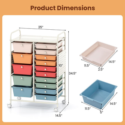 Dreamade 15 Drawer Storage Cart | Rolling Craft Cart with Metal Tabletop & Pegboard
