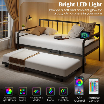 Dreamade Twin Daybed with Trundle, Twin Bed Frame with Charging Station & LED Lights, Metal Trundle Bed Twin w/Steel Slats Support