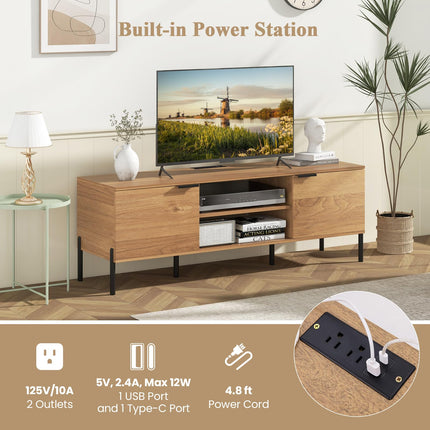Dreamade TV Stand for TVs up to 65”, Entertainment Center with Charging Station, 2 Cabinets, Open Shelves, 6 Sturdy Metal Legs