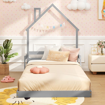 Dreamade Twin Floor Bed for Kids, Wood Montessori Floor Bed with Chimney Headboard & Handrail