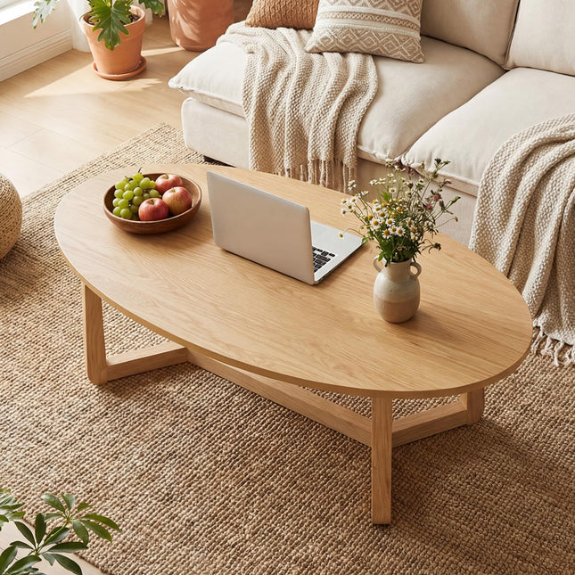 Dreamade 46'' Oval Coffee Table hickened Top & Solid Rubber Wood Frame