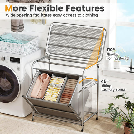 Dreamade Laundry Sorter with Foldable Ironing Board 3 Section Tilt Out Laundry Hamper with Removable Bags