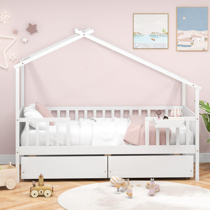 Dreamade Twin House Bed with Drawers, Wooden Twin Bed Frame with Cube Storage & Fence Rails
