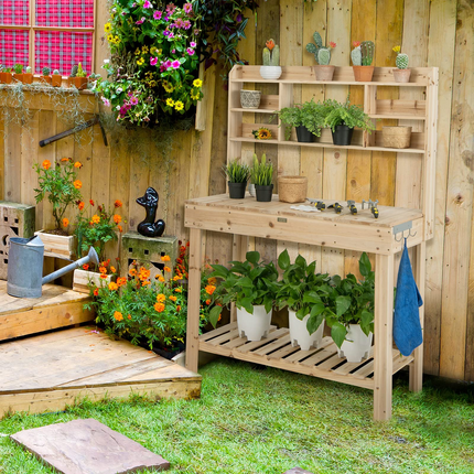 Dreamade Garden Potting Bench Table, Large Workbench Table with Shelves, 43.5"x19.5"x 60.5"