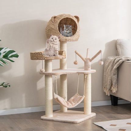 Dreamade Wooden Cat Tree, 48 inches Cat Tower with Cattail Condo, Cat Bed, Hammock, Rotatable Jingling Balls