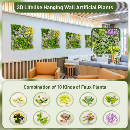Dreamade 2 Pack Hanging Artificial Plants Panels, 20" x 20" Square Framed 3D Greenery Wall Art Decor