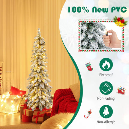 Dreamade Pre-Lit Flocked Pencil Christmas Tree Artificial Slim Xmas Tree
