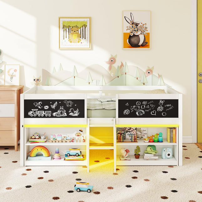Dreamade Low Loft Bed with Storage 2 Bookcases and Play Space