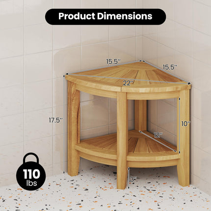 Dreamade Corner Shower Stool - Teak Wood Shower Bench Seat with Storage Shelf for Shaving Legs